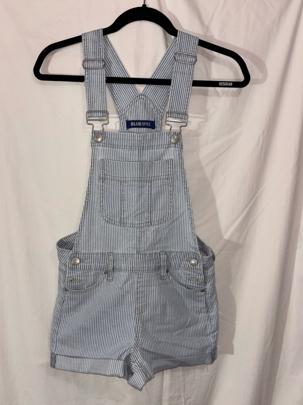 Blue Spice Light Blue & White Pinstripe Short Overalls